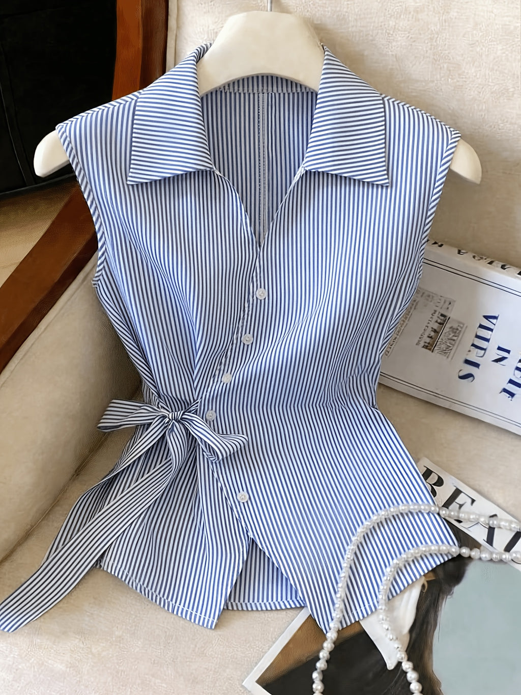 ZLLZ Women'S Casual Vacation And Work Commute Striped Print, Sleeveless Blouse - Light Blue