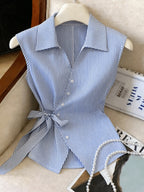 ZLLZ Women'S Casual Vacation And Work Commute Striped Print, Sleeveless Blouse - Light Blue
