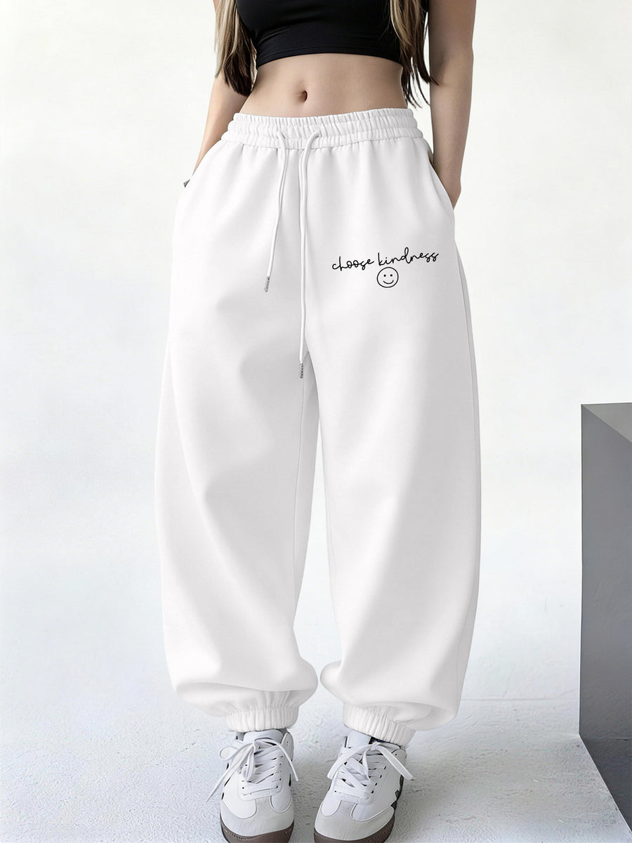 New Spring/Winter Women's Letter Print Jogger Sweatpants, Easy-Care Fabric, Soft and Warm, Machine Washable, Letter Print Lounge Pants, Suitable for Travel, Home, and Outdoor Outings, Solid Color Printed Pants, Monochrome Jogger Pants - White