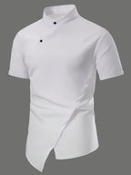 Men's New Chinese-Style Stand Collar Short-Sleeve Top with Slanted Lapel Design, Exuding an Oriental Elegance. The Fabric Is Smooth and Crisp with a Fine, Skin-Friendly Texture. Breathable and Not Stuffy. Features a Structured Hemline with a Sense - White