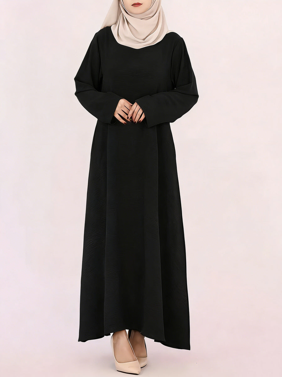 Elegant Women's Crew Neck Long Sleeve Kaftan Dress - Solid Color Fitted Maxi Dress, Machine Washable All-Season Versatile Traditional & Modern Style, Fitting Dresses for Ladies, Casual Elegant Wear, Durable Garment - Black