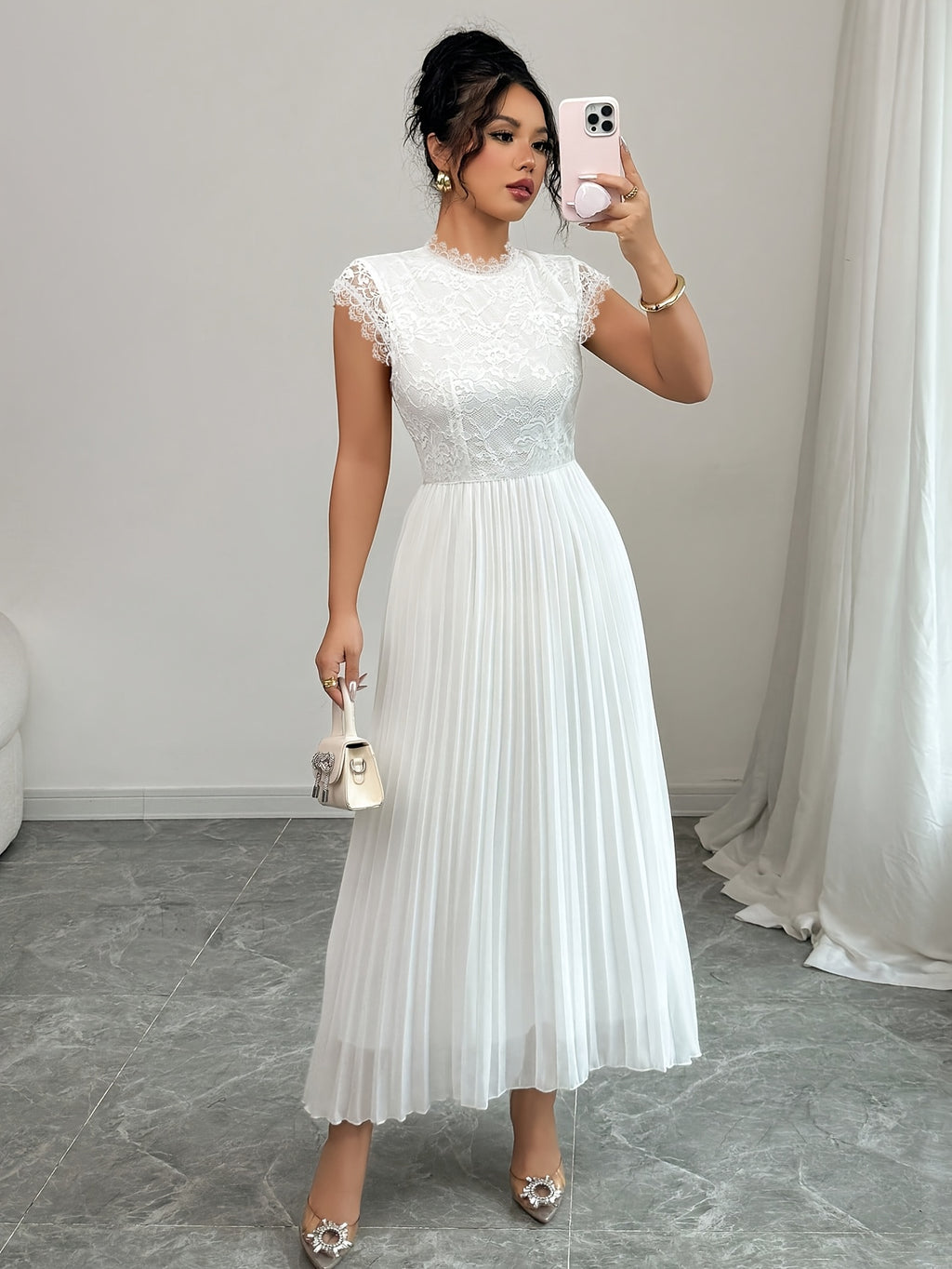 Women'S Elegant Summer Floral Lace Patchwork Pleated Maxi Dress - White