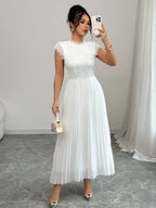 Women'S Elegant Summer Floral Lace Patchwork Pleated Maxi Dress - White