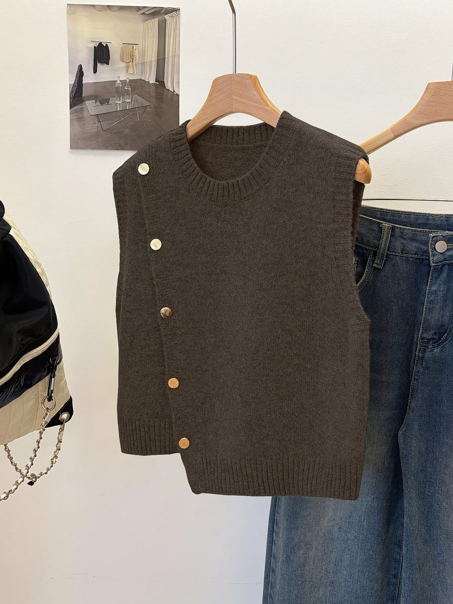 New Fashion Women'S Fresh Solid Color Short Round Neck Asymmetrical Button Accessory Design Fashion Sleeveless Beautiful Sweater Vest, Multi-Functional Vest, Suitable for Daily Commute, Home Comfort, Summer Nights, Parties And Gatherings - Coffee Color