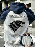New Autumn/Winter Streetwear Style Men's Sweatshirt Hoodie Jacket Top, "Game of Thrones" Stark Family Direwolf Print, Blue-Gray Striped Sleeve Design, Loose Fit, Men's Apparel Winter Clothes for Men - Light Twist Gray