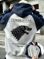 New Autumn/Winter Streetwear Style Men's Sweatshirt Hoodie Jacket Top, "Game of Thrones" Stark Family Direwolf Print, Blue-Gray Striped Sleeve Design, Loose Fit, Men's Apparel Winter Clothes for Men - Light Twist Gray