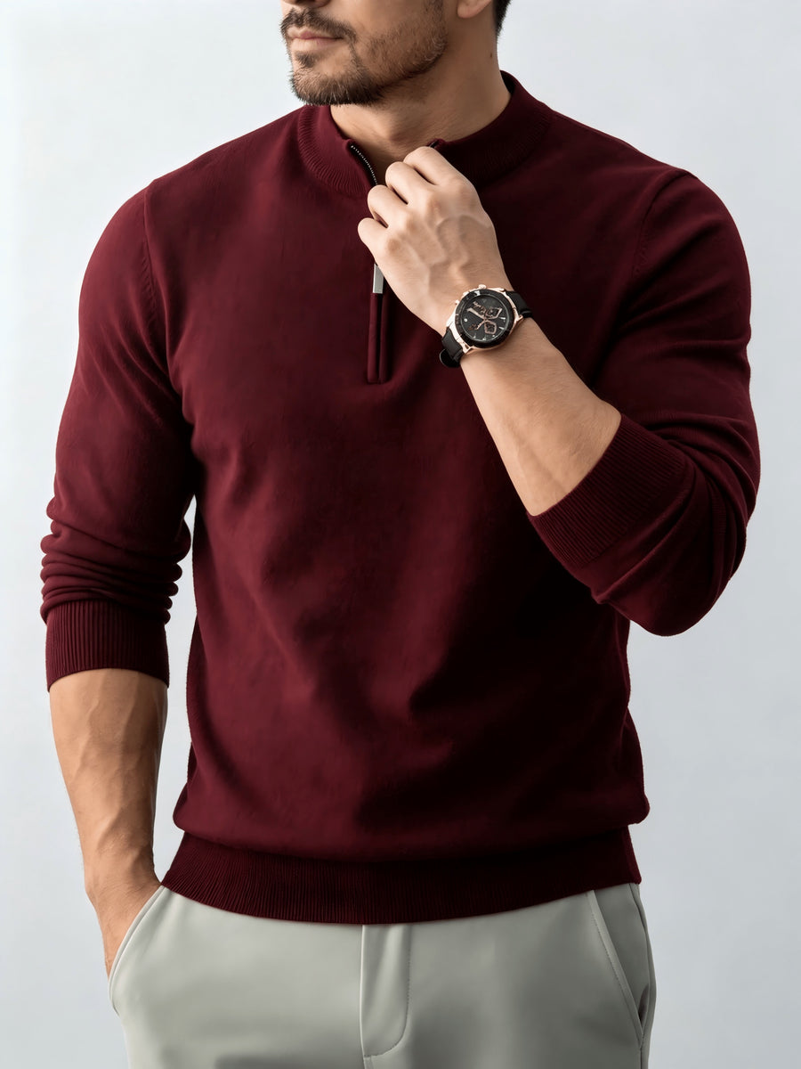 Fall Winter Men'S Half-Zipper Stand-Collar Knit Pullover, Classic Long Sleeve Fit for Casual Social Wear, Daily Commute, Light Business Meeting, Casual Gathering - Burgundy