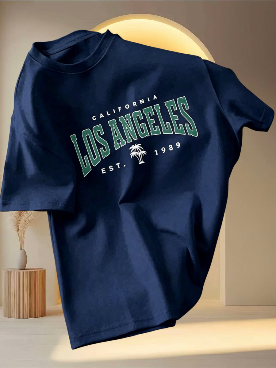 2026 Men's Fashion T-shirt, Featuring Los Angeles Trend Patterns and Prints. Lightweight and Breathable, It Is a Must-have for Daily Casual Wear. Suitable for Both Indoor and Outdoor Outfits. Essential for Trendy Men. - Navy Color