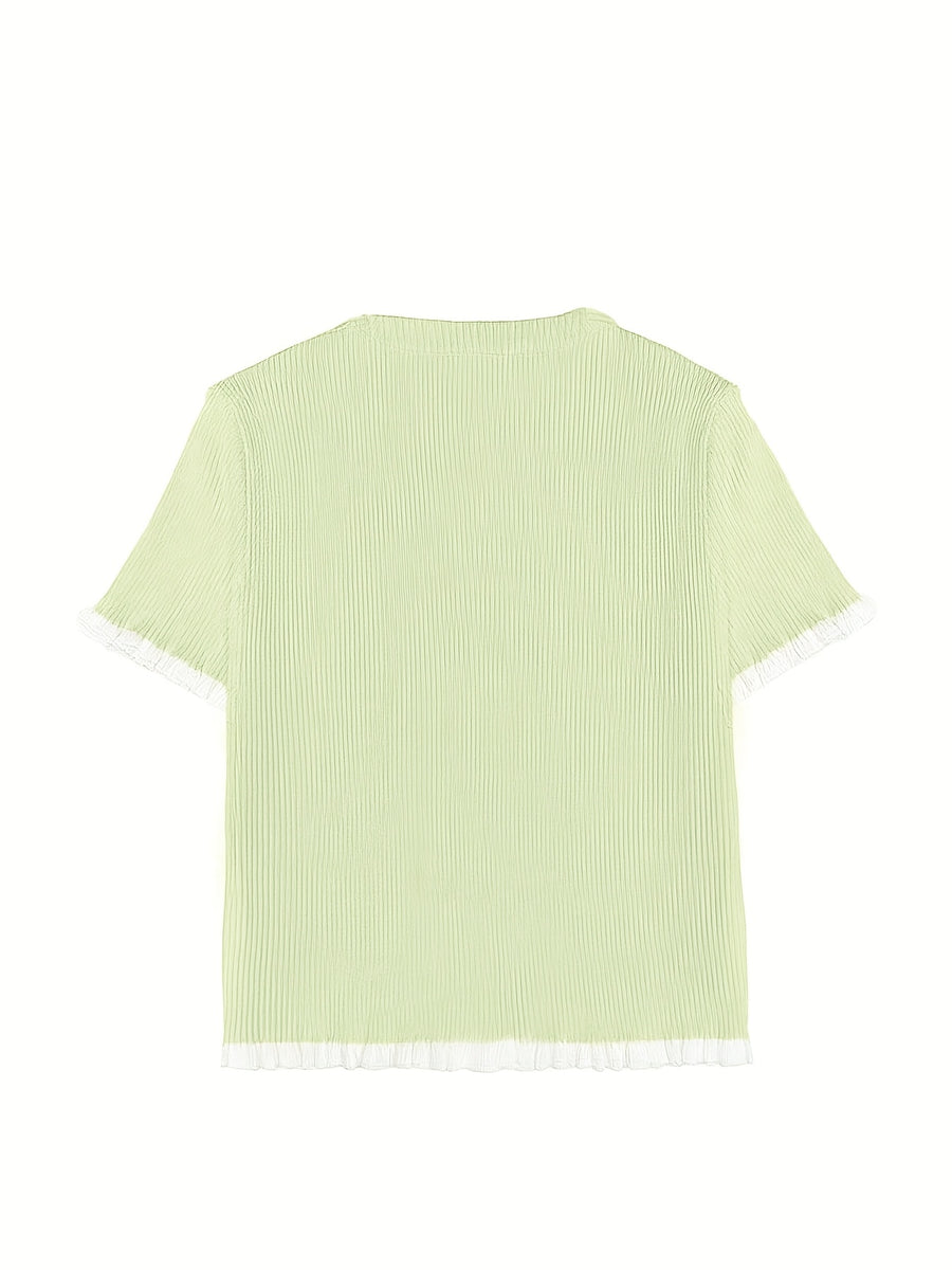 Women's Summer Button Ear Design Edge Design, Top, Elegant Casual Top Casual Short Sleeve, Suitable for Dating Daily Wear - Green
