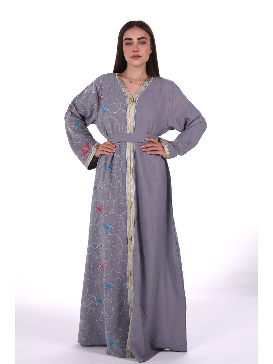 Middle East Women's New Traditional Style Dress Kaftan Robe Jalabiya Festival Evening Gown Abayas Suitable for Holiday Party Wear Women's Evening Dress, Casual Dress with belt - Grey