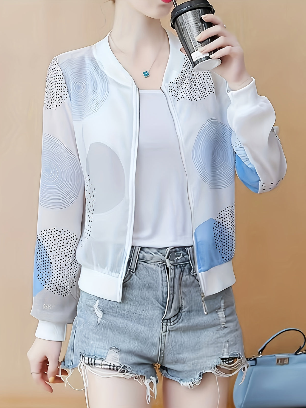 Summer Lightweight Geometric Polka Dot Print Cropped Jacket, Loose Fit, Breathable, Casual Outerwear - Mixed colors