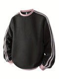 American Vintage Striped Crewneck Sweatshirt for Men, Long Sleeve Base Layer Top for Spring and Autumn - Black