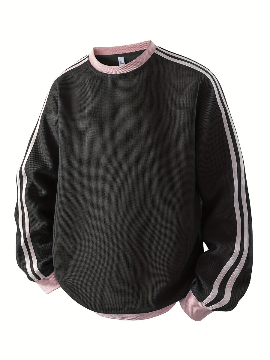 American Vintage Striped Crewneck Sweatshirt for Men, Long Sleeve Base Layer Top for Spring and Autumn - Black