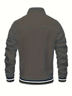 Men'S Versatile Casual Milan Element Stand-Up Collar Baseball Jacket, Contrast Ribbed Design, Windproof And Stiff, Spring Autumn Daily Commute Casual Versatile Top - Grey