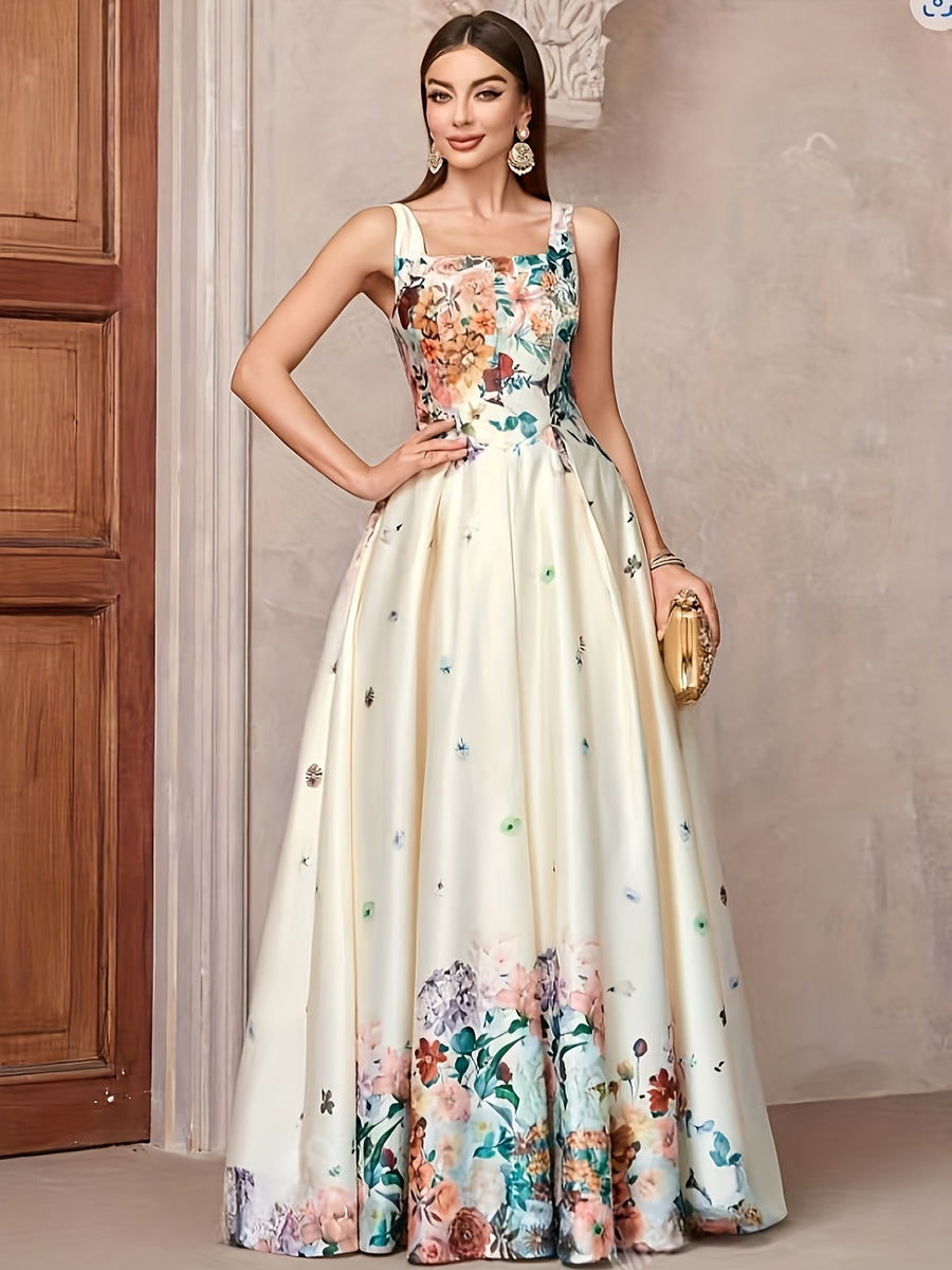 Women'S Dress Elegant Floral Print Evening Gown Suitable for Parties - Apricot