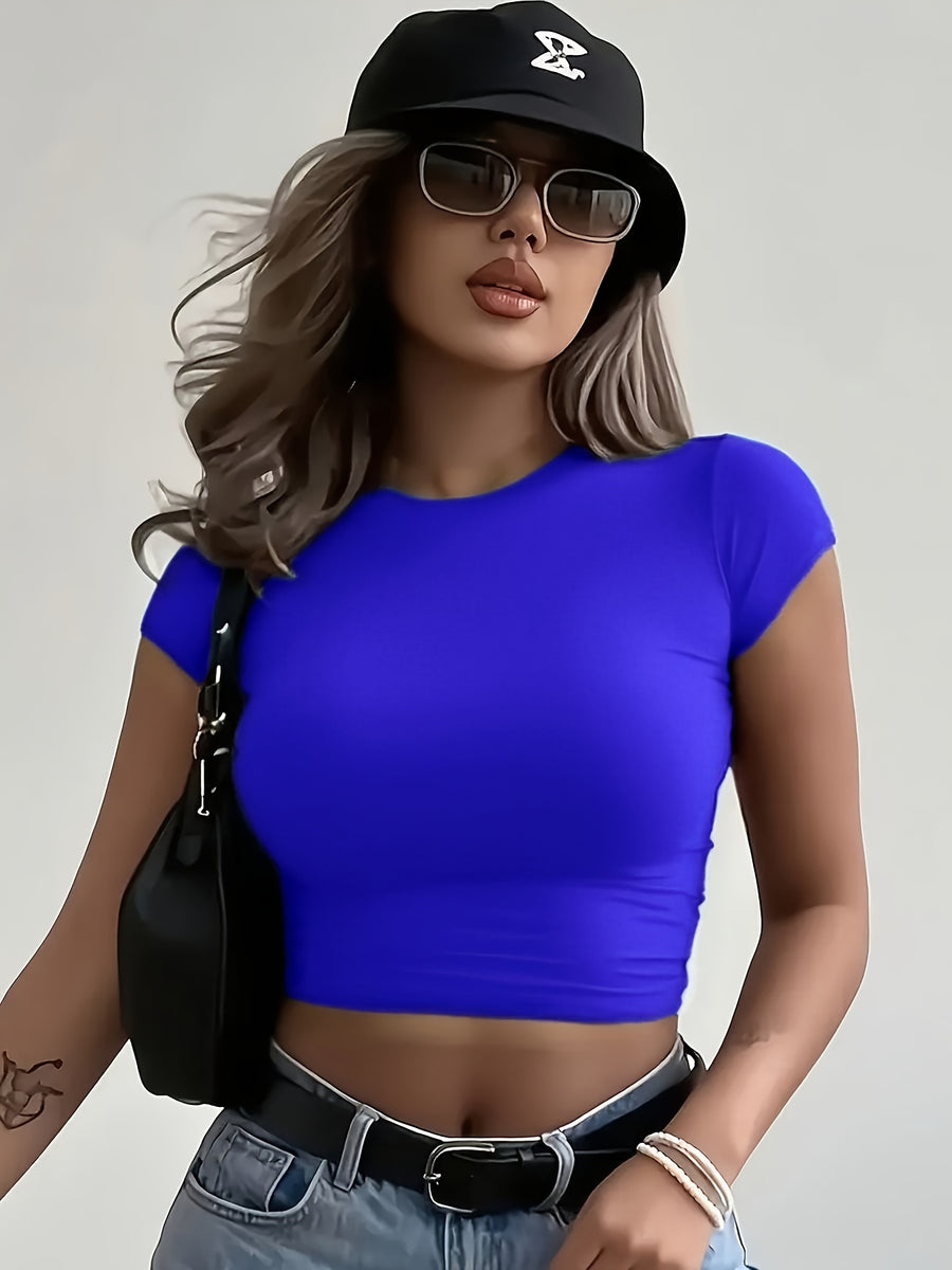 Women'S Fitted Stretch T-Shirt - Casual Basic Top, Comfortable Elastic Fit, All-Season Casual And Formal Wear - Machine Washable. Essential Daily T-Shirt, Versatile Clothing, Fashionable Design, Comfortable Wear, Office Attire, Easy Style - Blue