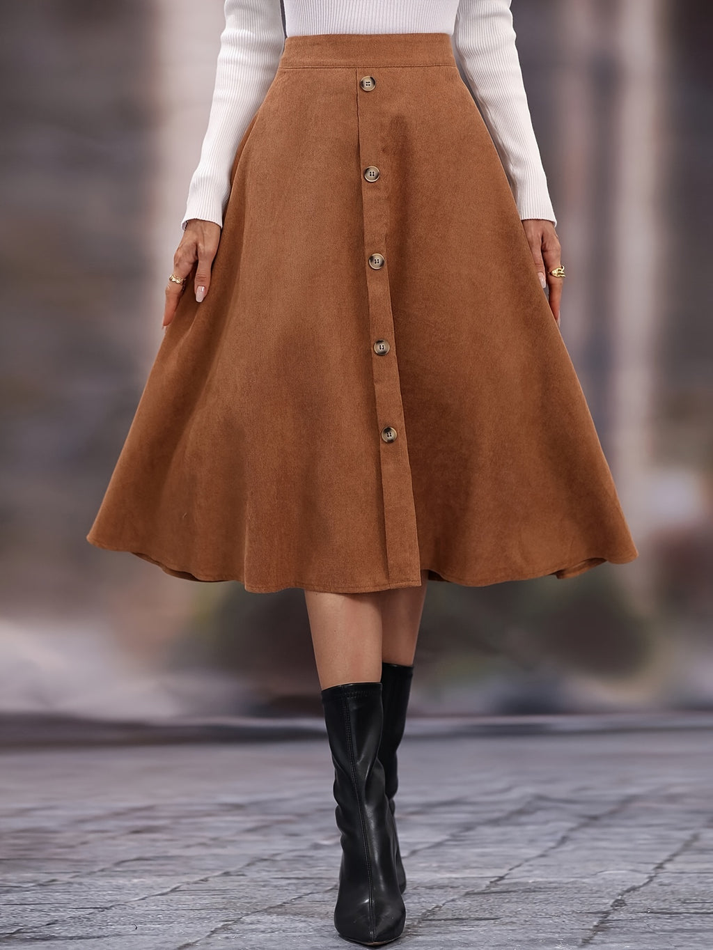Elegant Solid Color Button-Front Flared Skirt for Women - High Waist, Machine Washable, Perfect for Fall/Winter - Light Brown-1