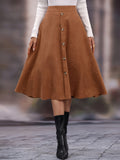 Elegant Solid Color Button-Front Flared Skirt for Women - High Waist, Machine Washable, Perfect for Fall/Winter - Light Brown-1