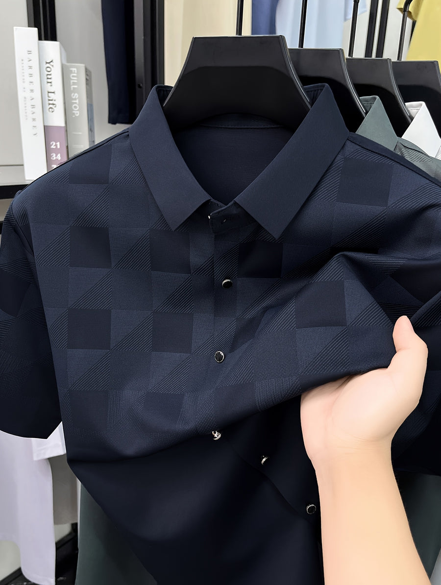 Men's Jacquard Polo Shirt with Subtle Texture, Summer Short Sleeve Tee with Mulberry Silky, Seamless, Business Casual Versatile Top with Lapel Collar - Navy Color
