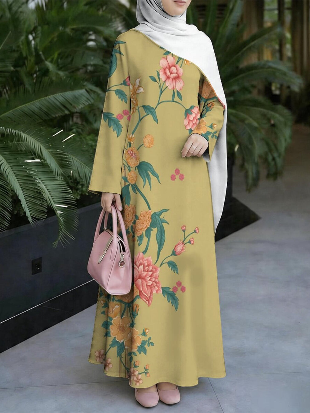 Women'S Hot Middle Eastern Style Muslim Elegant Robe, Ginger Yellow National Style Large Floral Print Long Dress, Loose Long Sleeve Flowing Flared Skirt, for Prayer Outing Daily Gatherings, Skin-Friendly Breathable Non-Embroidered Craft - Mixed colors