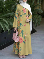 Women'S Hot Middle Eastern Style Muslim Elegant Robe, Ginger Yellow National Style Large Floral Print Long Dress, Loose Long Sleeve Flowing Flared Skirt, for Prayer Outing Daily Gatherings, Skin-Friendly Breathable Non-Embroidered Craft - Mixed colors