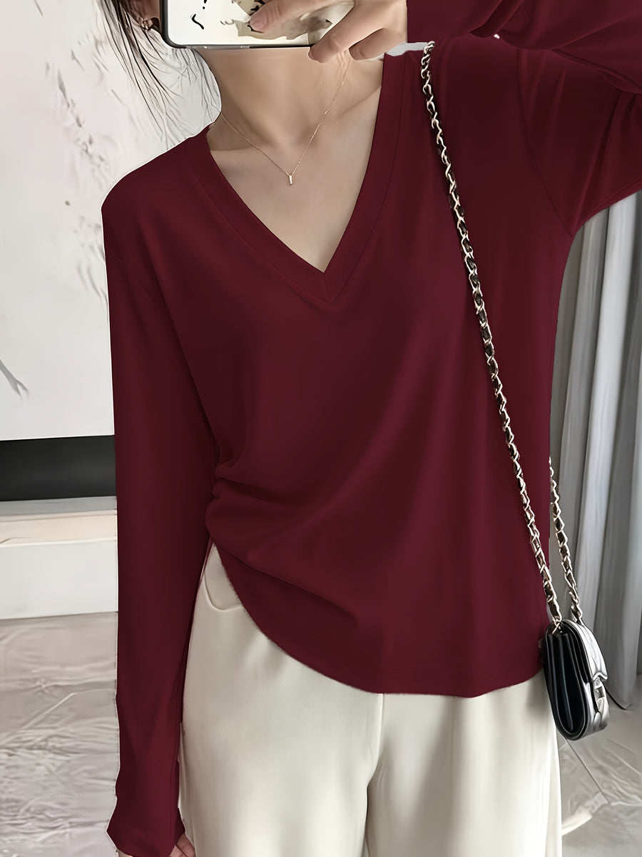 Loose Fit Drop Shoulder Sleeves Relaxed Style Women's Long Sleeve T-Shirt Polyester Women's Autumn Top Thin V-Neck Pullover Solid Color Basic Style Women's Casual Base Layer Spring/Autumn Women's Clothing Machine Washable, Not Dry Cleanable Autumn - Red