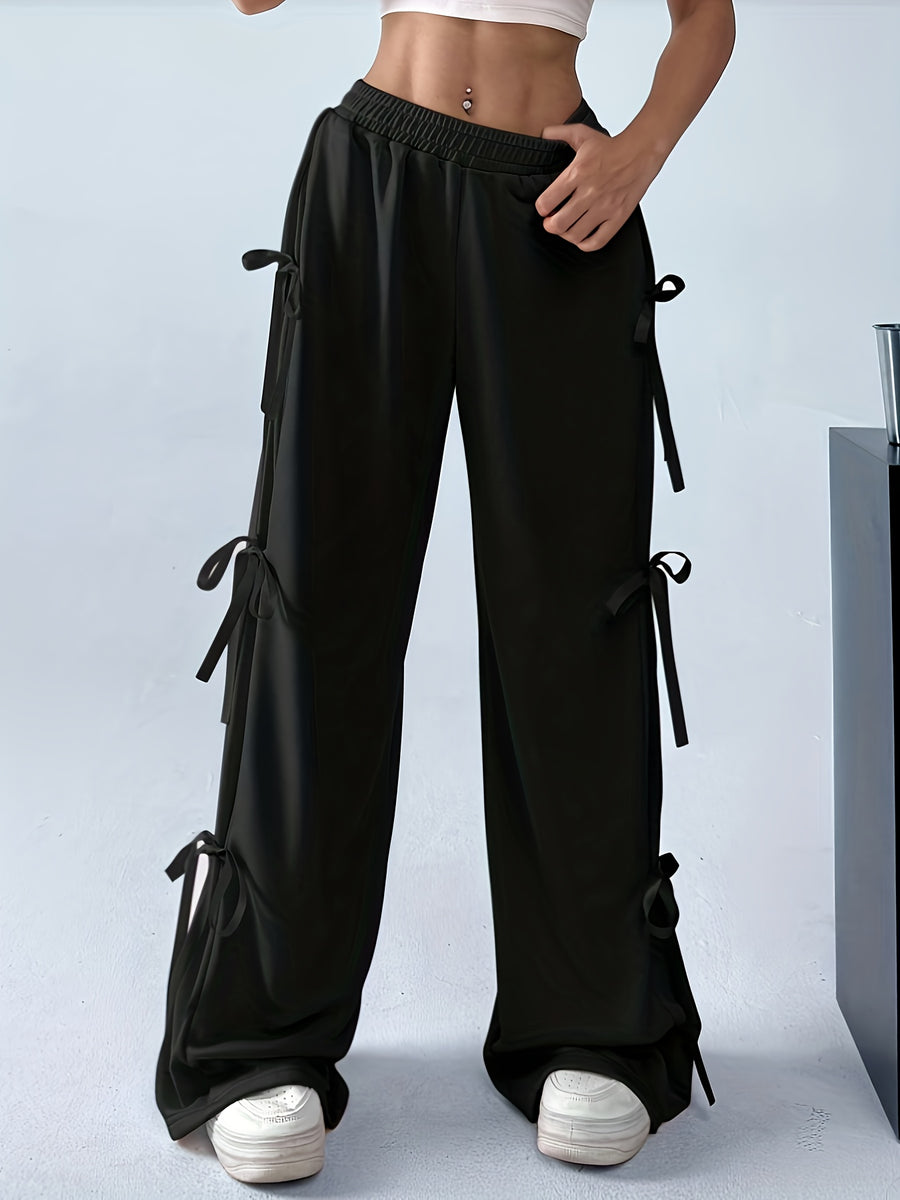 Plus Size, Plus Size Women's Casual Slacks with Bow Accents - All-Season Trousers, Straight-Leg Design, Machine Washable Solid Color Pants for Everyday Comfort - Black