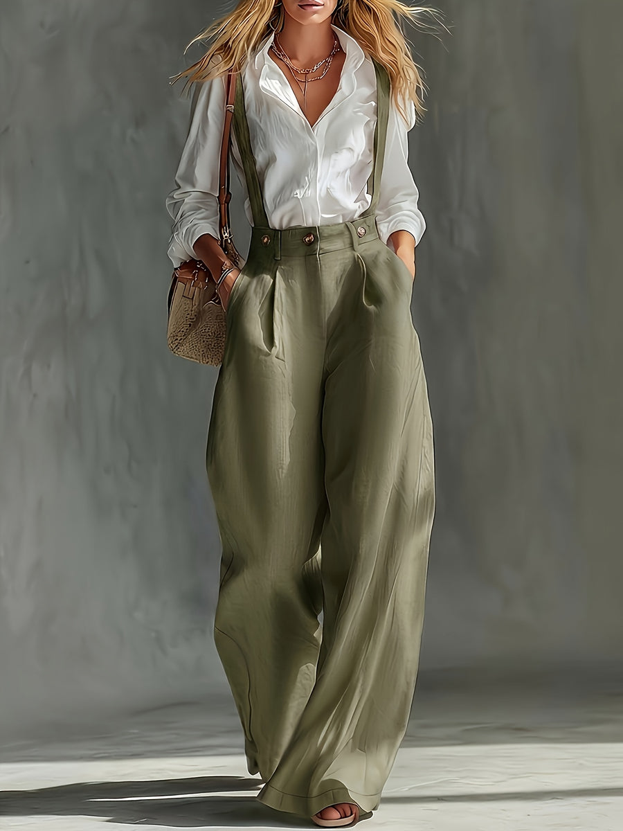 Spring and Autumn High-Waist Pleated Suspender Pants, Vintage Temperament Commuter Casual Trousers - Olive Green