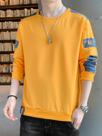 1pc Men's Casual Sportswear Top, Pullover Fashion Long Sleeve, Suitable for Spring and Autumn Outdoor Daily Running, Color-Block Letter Men's Sweatshirt - Yellow