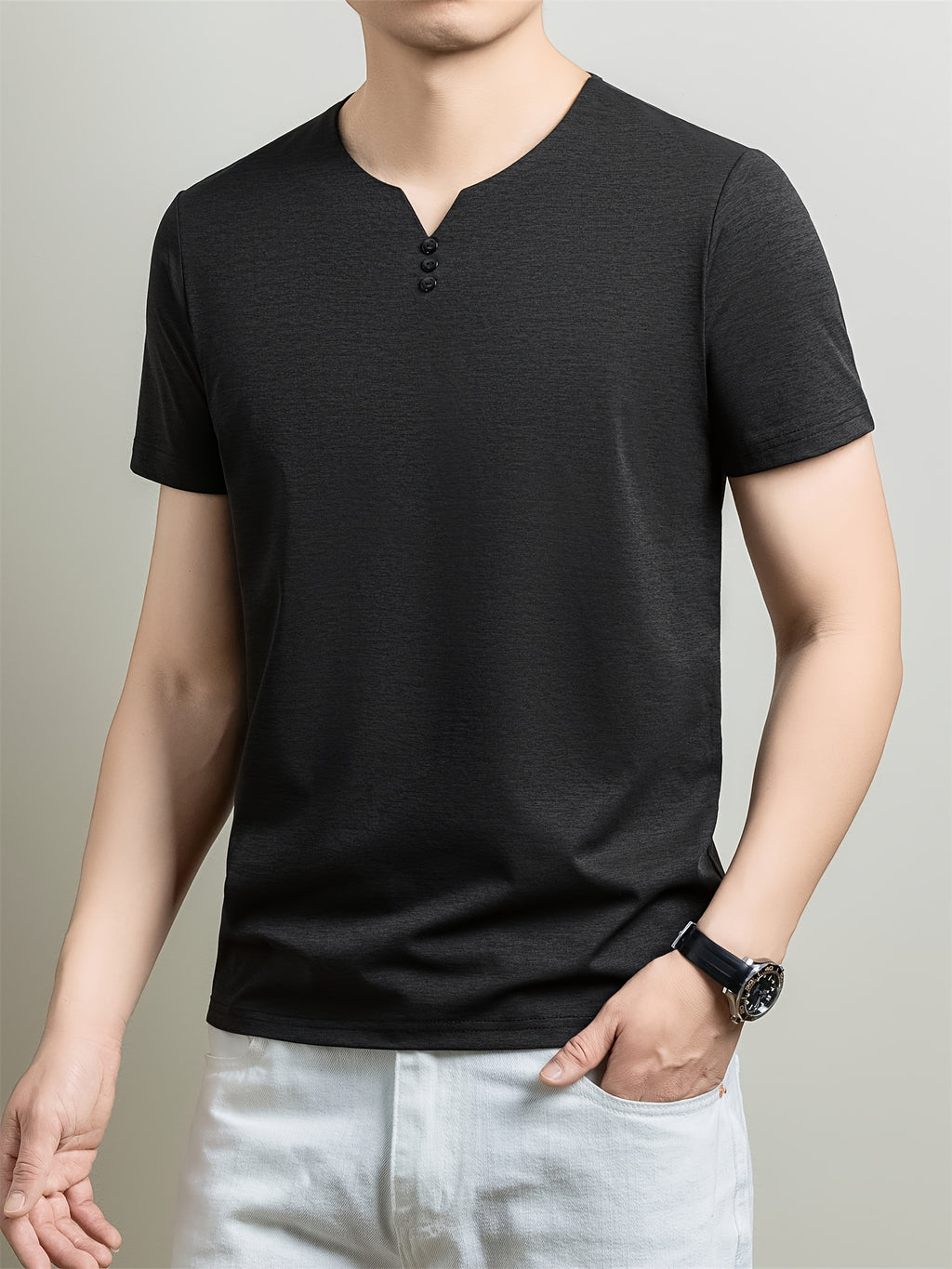 [Qiaoximei OBM] Collarless Men'S Top, Summer New Men'S Collarless Henley Shirt, Fake Button Decoration, Men'S Easy Wear, Suitable for Casual Outings And All-Match Style, Men'S Gift - Black