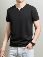 [Qiaoximei OBM] Collarless Men'S Top, Summer New Men'S Collarless Henley Shirt, Fake Button Decoration, Men'S Easy Wear, Suitable for Casual Outings And All-Match Style, Men'S Gift - Black