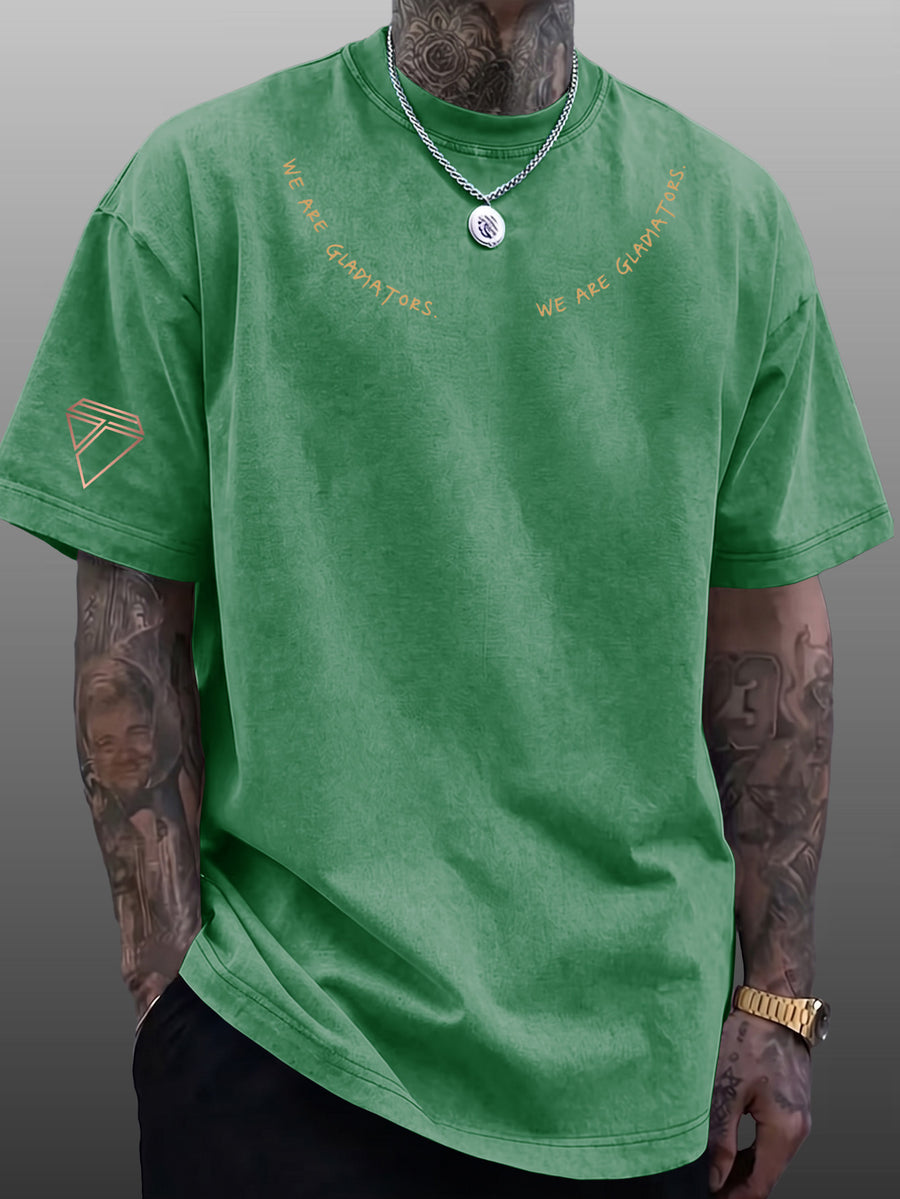 Short Sleeve T-Shirt Men'S Loose Washed Distressed Top Arched Text Triangle Geometric Trendy Print Multi-Color Casual Matching American Street High Street Hip-Hop Couple Style Short Sleeve Daily Outing Commuting Sports Fitness Street Style Y2K Top - Green