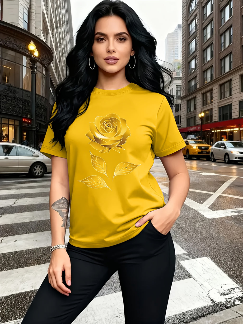 Color Series - Multicolor Light And Dark Gradient Easy Fresh Style Rose Pattern Printed T-Shirt, Casual Outing Wear, Single Wear Or Layered with Jacket, Multi-Layered, Suitable for Travel Vacation, Casual, Free And Unrestrained, Sister Outfit - Yellow