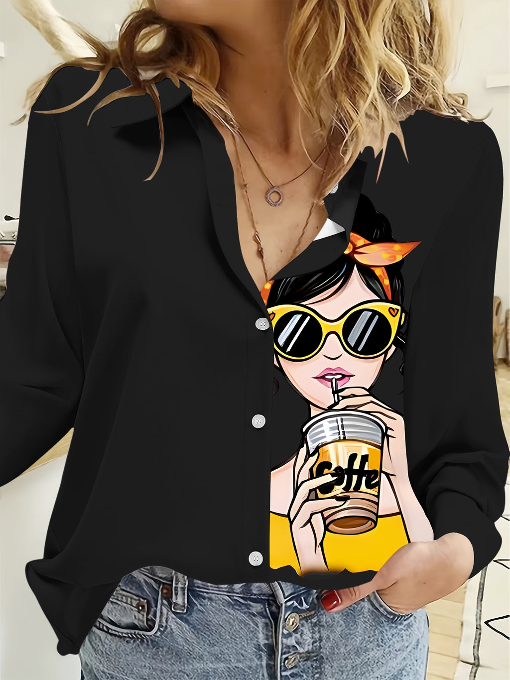Women'S Lapel Blouse, Beautiful Woman Pattern Top, Women'S Clothing - Black