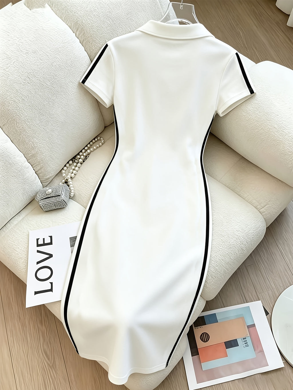 Ladies Bow Print Side Stripe Polo Collar Dress, Slim Fit Hip Wrap Dress for Summer - White