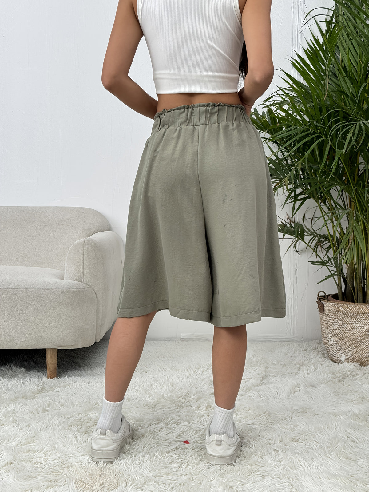 Summer Thin Loose Wide-Leg High-Waist Basic Style Casual Japanese Outer Wear Skirt - Olive
