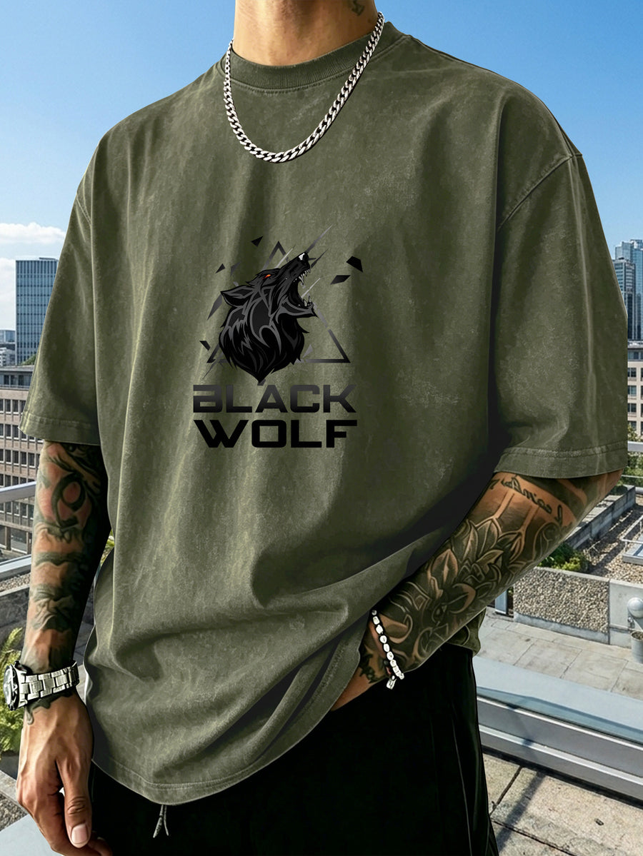 Men's Heavyweight Short-Sleeve Washed Distressed Fashion Print Vintage-Washed Worn Design Streetwear Trendy Distressed Design European and American High Street Style Summer Simple Versatile Gym Workout Sports Top Cotton Breathable - Military Green