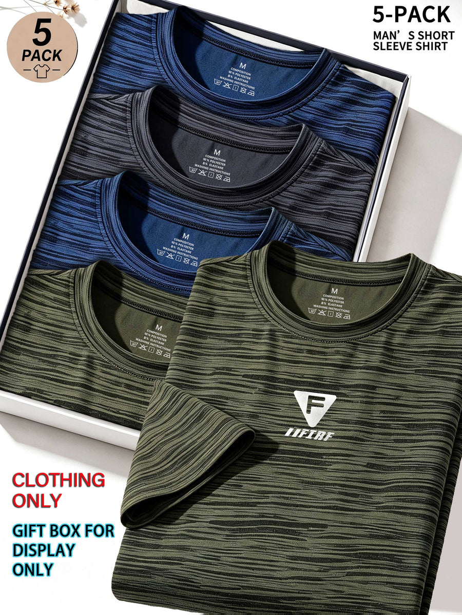 5pcs Men's Sports & Fitness Breathable Quick-Dry T-Shirts, Outdoor Travel Casual Running Printed Short-Sleeve Tees, Easy to Clean and Maintain, Lightweight T-Shirts for Daily Leisure and Gatherings, Classic Crew Neck Shirts - Army Green + Army Green + Dark Blue + Dark Gray + Dark Blue