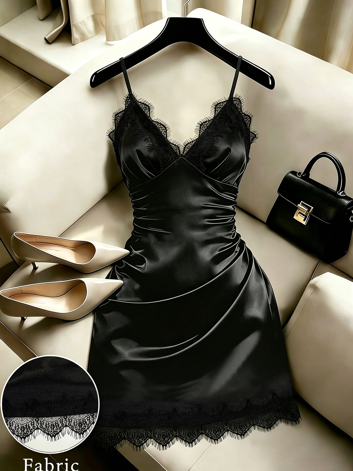 Eyelash Lace V-Neck Satin Cami Dress, Side Ruched Slim Fit Bodycon Dress, Lace Trim Pure Sexy Cami Dress, Short Length Lace Hem Formal Dress, Pure Sexy Mature Style, Birthday Party/Bar Ambiance Outfit, Couple Date Ambiance Outfit - Black