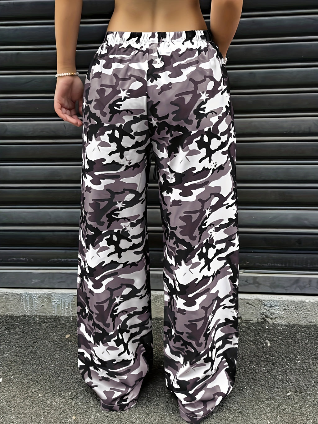 YY0720291 Women'S Casual Camo Print Drawstring Wide-Leg Pants - Purple