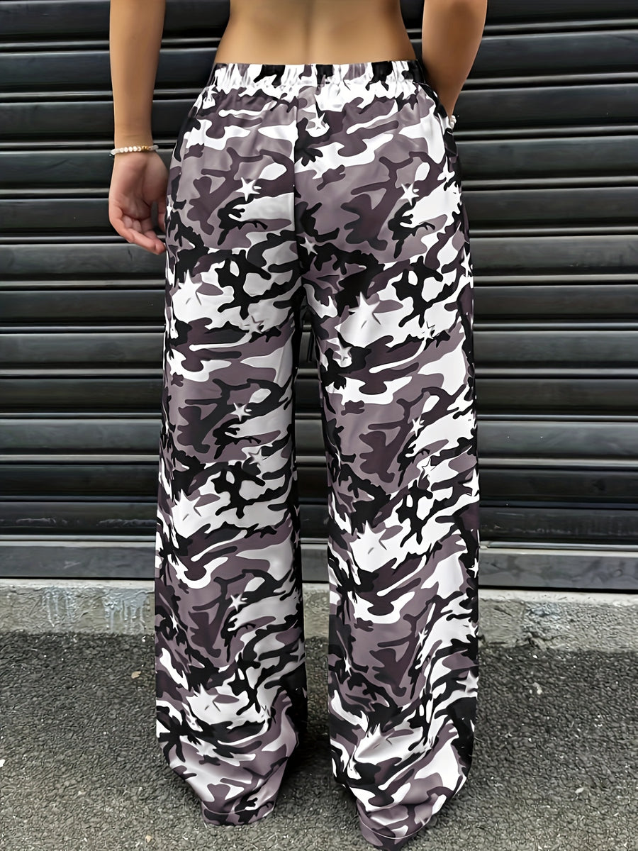 YY0720291 Women'S Casual Camo Print Drawstring Wide-Leg Pants - Purple