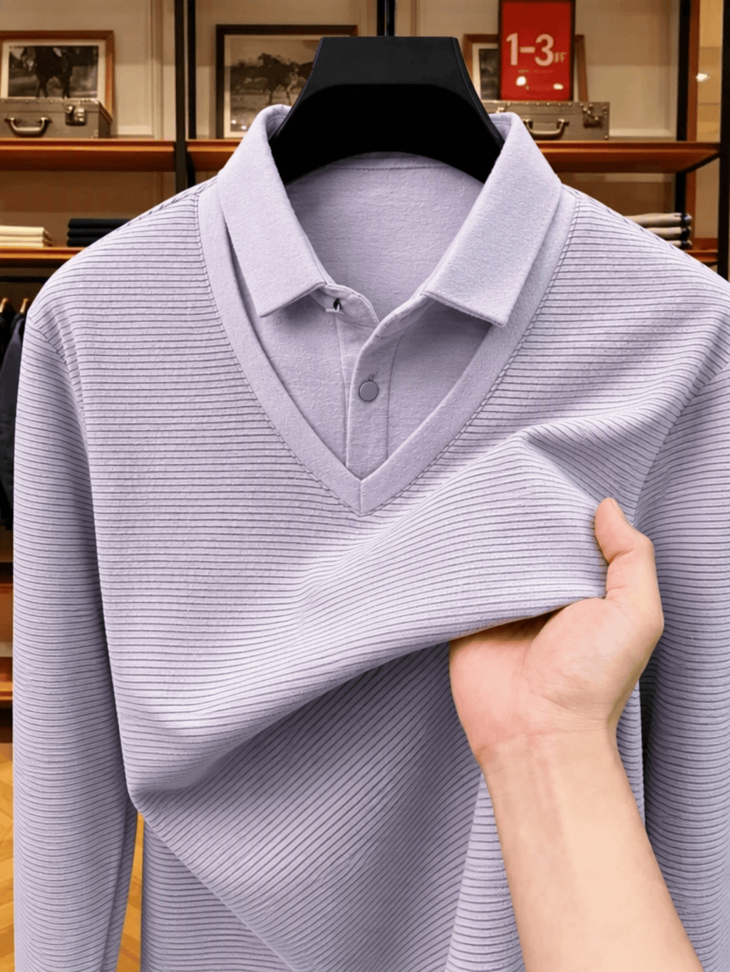 Men's Shirt Collar Fake 2pcs Knitted Top, Thick Warm Long Sleeve Base Shirt, Casual Pullover Polo for Golf, Fishing, Tennis, Winter Daily Wear for Middle-aged Dad - Flower Purple