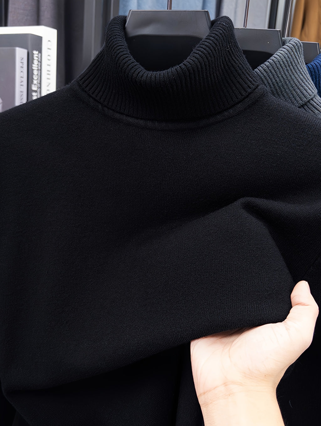Men'S Autumn Winter Turtleneck Sweater, 10 Colors Available Solid Basic Style Elastic Warm Ribbed Cuff Casual Slim Fit Base Layer Pullover, Knit - Black