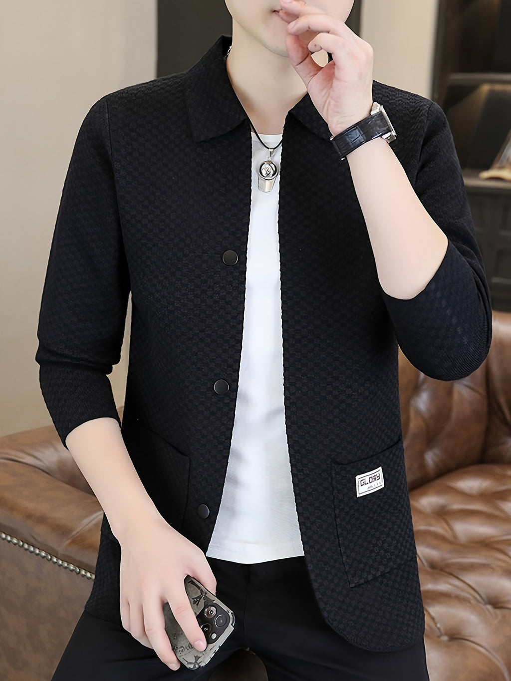 Du Jing Lan OBM Men's Autumn/Winter New Arrival Knitted Cardigan, Old Money Style Contrast Color Lapel Pocket Open Front Single-Breasted Knit Cardigan, Men's Business Casual Fashion Open Front Knit Cardigan Top, Contrast Color Checkered Design - Black