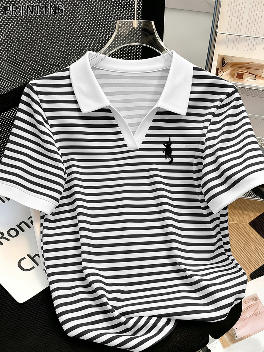 New Summer V-Neck Lapel Striped Polo Shirt for Women, Regular Shoulder Fit, Classic Striped Design, Short Sleeves with  Cute and Playful Cat Graphic Print, Versatile Top for Casual Daily Wear and Commuting - Black