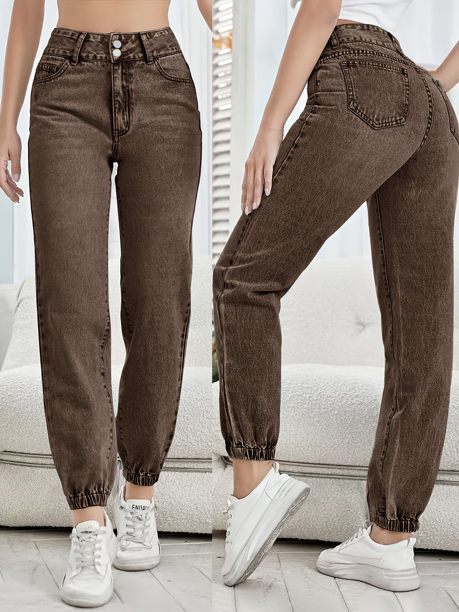 New Stretch Jogger Jeans for Women for Spring/Summer 2026, Featuring a Loose Straight-Leg Design. These Long Pants Are Made from Washed Coffee-Colored Denim, Equipped with Pockets - Coffee Color