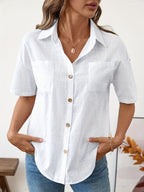 Women's Solid Color Fashion Bamboo Joint Pocket Shirt - White