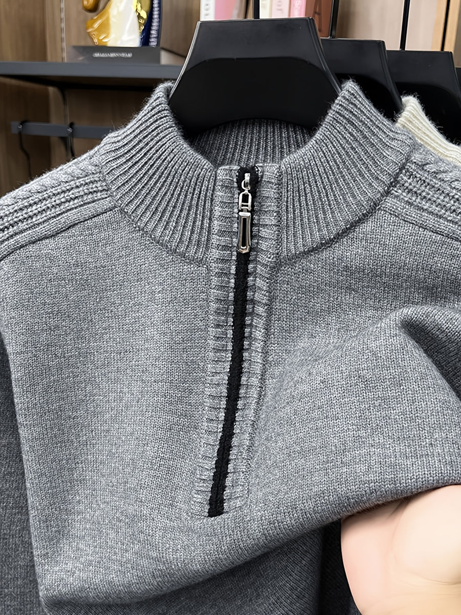 Men'S Thickened Semi-Open Zipper Stand Collar Knit Sweater, Ribbed Cuffs And Hem, Autumn/Winter Style, Single Wear And Layering, Light Mature Business Casual Style - Medium Gray