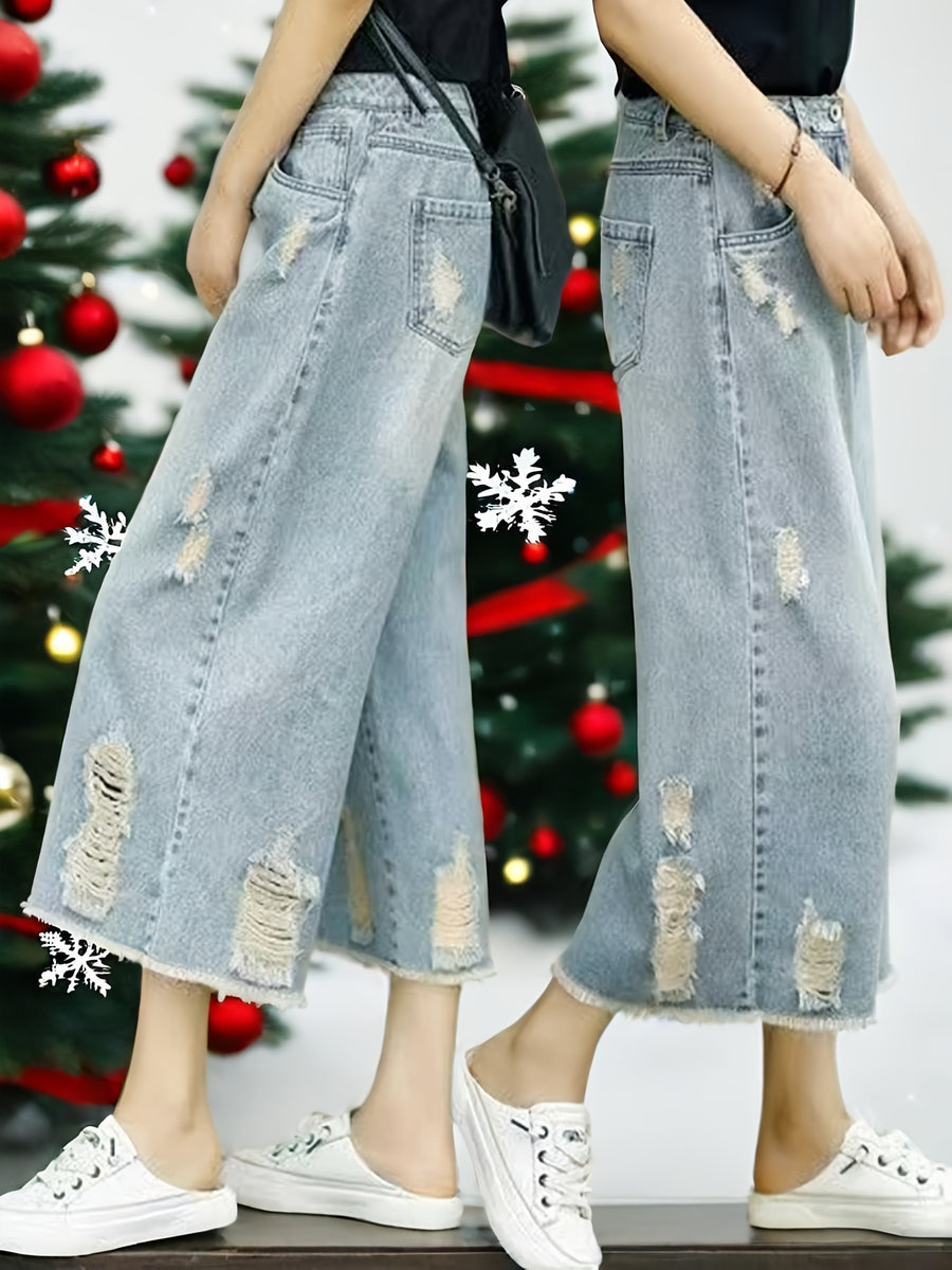 Women'S Fashion Casual Denim Capri Pants Summer Distressed Design Frayed Hem Loose Comfortable Wide-Leg Trousers Women'S Commute Versatile Denim Capri Length - Sky Blue