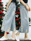 Women'S Fashion Casual Denim Capri Pants Summer Distressed Design Frayed Hem Loose Comfortable Wide-Leg Trousers Women'S Commute Versatile Denim Capri Length - Sky Blue